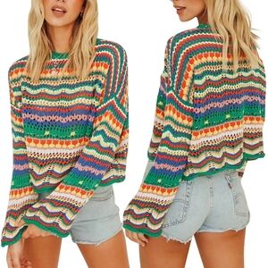 Fox Sweaters Striped Pullover Sweater Loose Knit Colorful Eclectic Rainbow MD